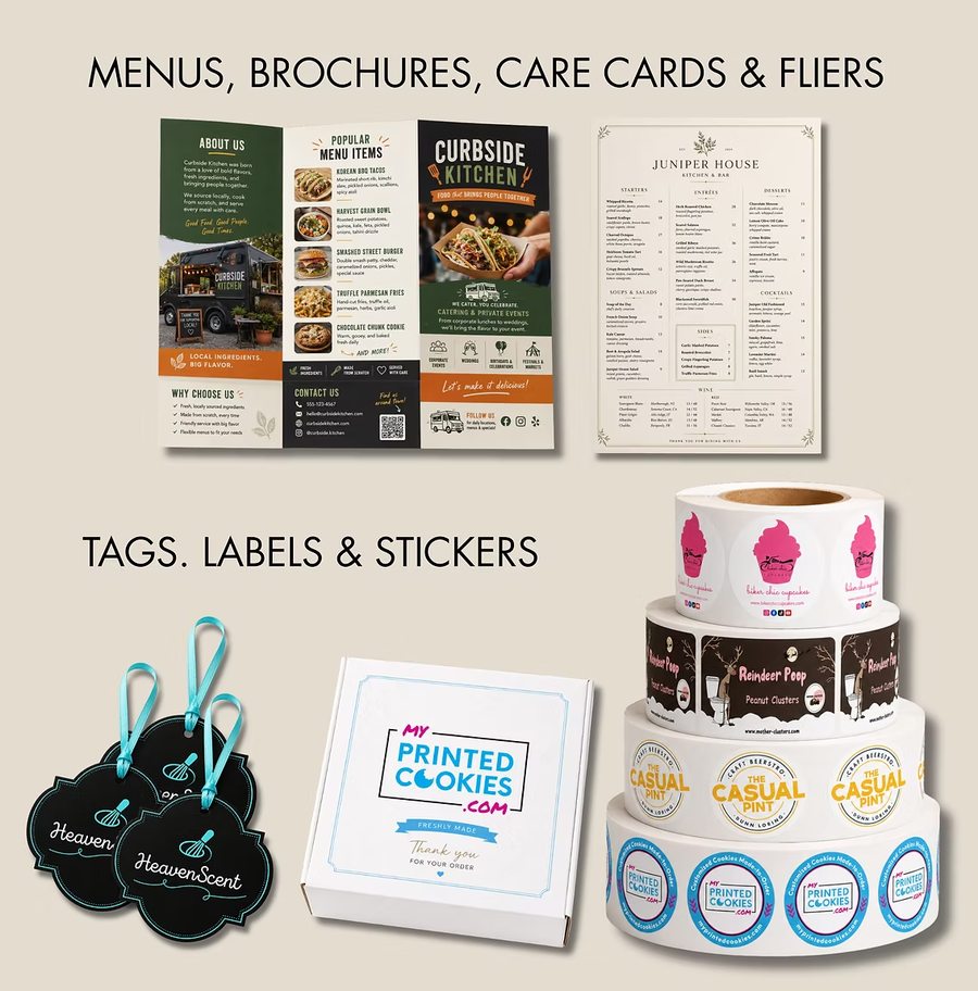 Menus, stickers, and flyers